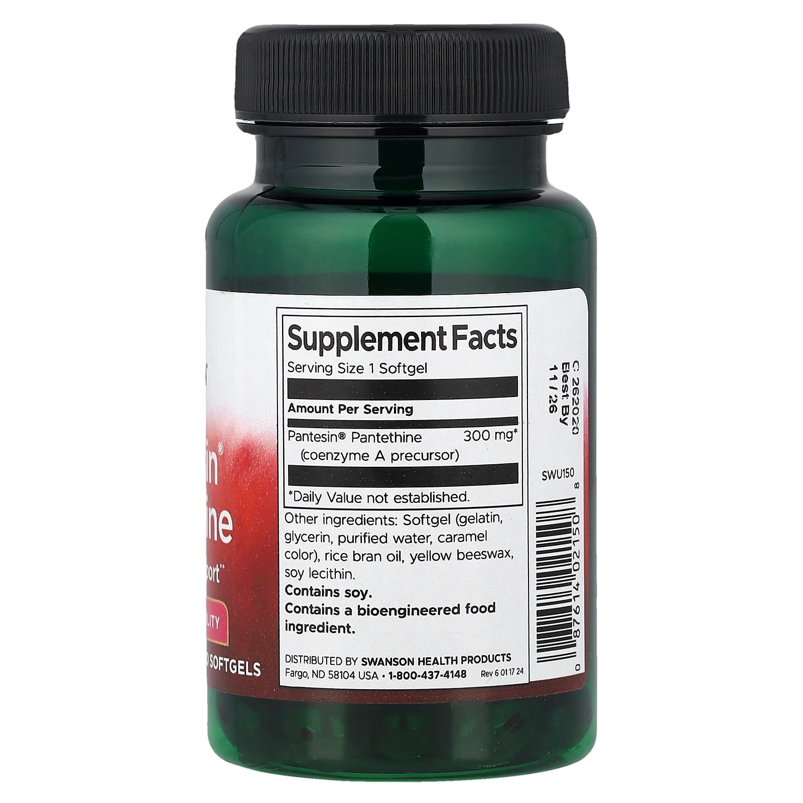 Swanson, Pantesin® 泛硫乙胺軟膠囊，60 粒（每粒 300 毫克）背面