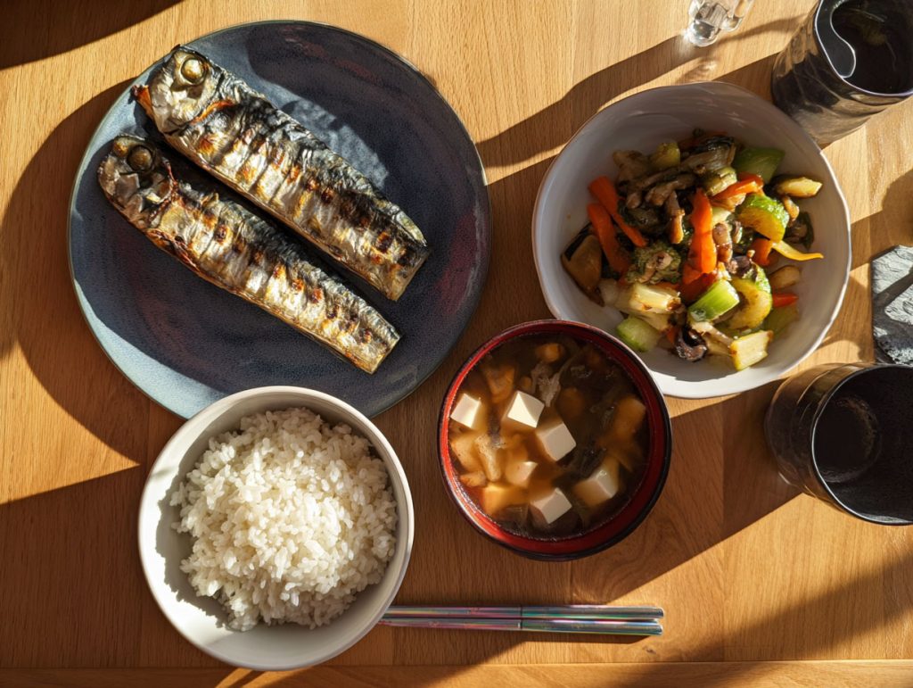 晚餐一塊烤鯖魚、一碗煮熟白飯，一碗味噌豆腐湯和一盤炒青菜，約能攝取到8mg維生素B3